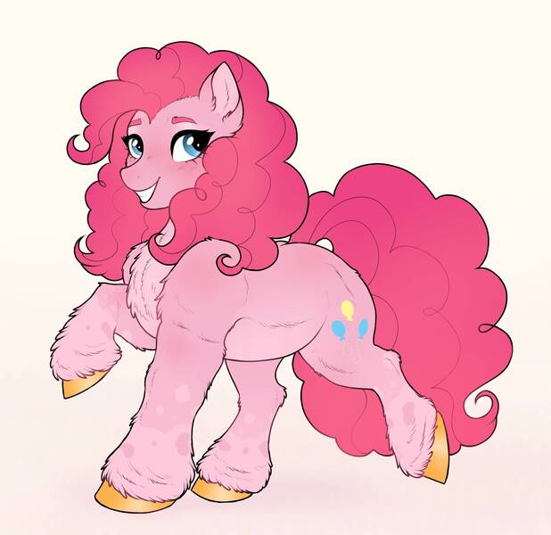 Size: 1927x1870 | Tagged: safe, artist:mayka-7, derpibooru import, pinkie pie, earth pony, pony, chest fluff, coat markings, colored hooves, ear fluff, female, g4, grin, image, jpeg, looking at you, mare, pale belly, raised hoof, simple background, smiling, socks (coat marking), unshorn fetlocks, walking