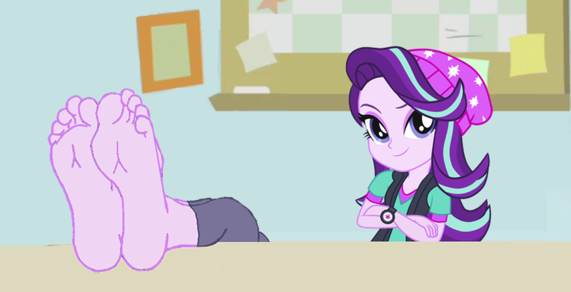 Size: 1311x671 | Tagged: safe, artist:yungdeez, derpibooru import, starlight glimmer, human, equestria girls, barefoot, clothes, feet, feet on table, feet up, female, fetish, foot fetish, foot focus, image, looking at you, png, soles, toes