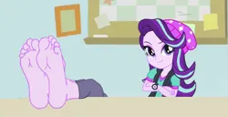 Size: 1311x671 | Tagged: safe, artist:yungdeez, derpibooru import, starlight glimmer, human, equestria girls, barefoot, clothes, feet, feet on table, feet up, female, fetish, foot fetish, foot focus, image, looking at you, png, soles, toes