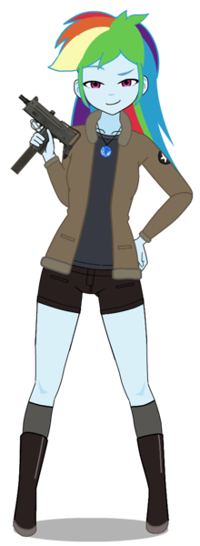 Size: 447x1220 | Tagged: safe, artist:edy_january, derpibooru import, rainbow dash, human, equestria girls, equestria girls series, boots, clothes, denim, g4, geode of super speed, girls und panzer, gun, humanized, image, jacket, jeans, kisekae, mac-10, magical geodes, military, military uniform, pants, png, saunders, sergeant, sgt. rainbow dash, shirt, shoes, short pants, simple background, socks, solo, stockings, submachinegun, thigh highs, transparent background, trigger discipline, uniform, united states, weapon