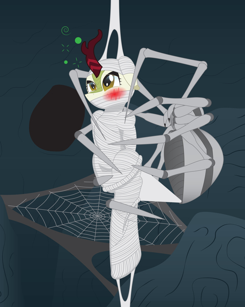 Size: 2550x3192 | Tagged: suggestive, artist:billy2345, derpibooru import, autumn blaze, giant spider, kirin, spider, blushing, bondage, bound and gagged, cocoon, cross-eyed, drunk, drunk bubbles, female, gag, ghost napper, image, jpeg, spider web, story included, suspended, suspension bondage, wrapping