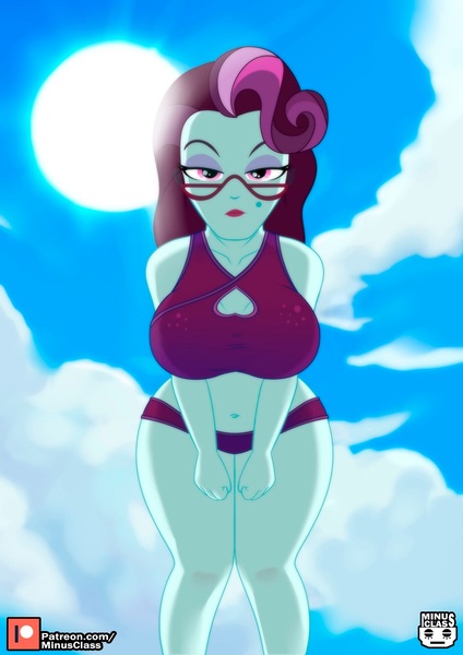 Size: 1060x1500 | Tagged: suggestive, alternate version, artist:minusclass, derpibooru import, part of a set, principal abacus cinch, human, equestria girls, 2d, alternate character, ankles, belly button, bikini, bikini bottom, bikini top, boob window, breasts, busty principal abacus cinch, cleavage, clothes, cloud, eyeshadow, female, g4, glasses, humanized, image, jpeg, legs, lidded eyes, lipstick, looking at you, looking down, looking down at you, makeup, midriff, mole, outdoors, patreon, patreon logo, sky, solo, sun, swimsuit