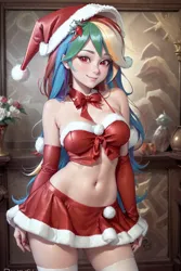 Size: 1024x1536 | Tagged: suggestive, ai content, derpibooru import, editor:sammykun, machine learning generated, rainbow dash, human, belly button, big breasts, bow, breasts, busty rainbow dash, christmas, cleavage, clothes, costume, female, furniture, g4, generator:yodayo, gloves, hat, holiday, humanized, image, jpeg, long hair, looking at you, midriff, miniskirt, neck bow, prompter:sammykun, santa costume, santa hat, seductive, sexy, short shirt, skirt, smiling, socks, solo, stupid sexy rainbow dash, sultry, sultry pose, thigh highs, tube top, wide hips, wood