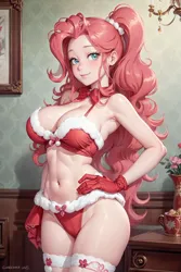 Size: 1024x1536 | Tagged: suggestive, ai content, derpibooru import, editor:sammykun, machine learning generated, pinkie pie, human, g4, belly button, big breasts, bow, breasts, busty pinkie pie, christmas, cleavage, clothes, costume, female, furniture, generator:yodayo, gloves, hat, holiday, humanized, image, jpeg, long hair, looking at you, midriff, miniskirt, neck bow, panties, prompter:sammykun, santa costume, seductive, sexy, skirt, smiling, socks, solo, stupid sexy pinkie, sultry, sultry pose, thigh highs, thong, underwear, wide hips, wood