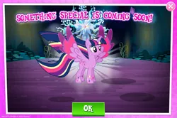 Size: 1961x1300 | Tagged: safe, derpibooru import, official, twilight sparkle, twilight sparkle (alicorn), alicorn, pony, coming soon, english, gameloft, horn, image, jpeg, mobile game, my little pony: magic princess, rainbow power, rainbow power-ified, spread wings, text, wings
