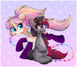 Size: 4398x3826 | Tagged: safe, artist:madelinne, derpibooru import, oc, oc:bijou butterfly, oc:madelinne, earth pony, christmas, christmas lights, clothes, duo, earth pony oc, happy, holiday, image, jewelry, necklace, png, sitting, socks