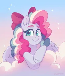 Size: 1744x2051 | Tagged: safe, artist:skysorbett, derpibooru import, oc, oc:sky sorbet, unofficial characters only, pegasus, pony, bow, cloud, curly hair, curly mane, cute, eyebrows, female, hair bow, image, looking at you, mare, multicolored hair, multicolored mane, on a cloud, pegasus oc, png, sky, smiling, smiling at you, solo, sparkles, wings