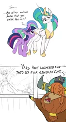 Size: 1800x3300 | Tagged: safe, artist:rocket-lawnchair, derpibooru import, prince rutherford, princess celestia, twilight sparkle, pony, unicorn, yak, 2 panel comic, comic, dialogue, female, high res, image, looking at each other, looking at someone, mare, png, simple background, unicorn twilight, white background