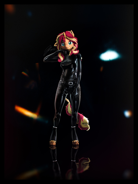 Size: 6000x8000 | Tagged: safe, artist:imafutureguitarhero, derpibooru import, sunset shimmer, anthro, classical unicorn, unguligrade anthro, unicorn, 3d, adorasexy, belt, black background, border, cheek fluff, chromatic aberration, clothes, cloven hooves, colored eyebrows, colored eyelashes, cute, ear fluff, ear freckles, female, film grain, floppy ears, fluffy, freckles, fur, g4, hand on leg, hoof boots, horn, image, jpeg, latex, latex clothes, latex suit, lens flare, leonine tail, long hair, long mane, looking at you, multicolored hair, multicolored mane, multicolored tail, neck fluff, nose wrinkle, one ear down, peppered bacon, reflection, revamped anthros, revamped ponies, sexy, shiny, signature, simple background, skintight clothes, smiling, smiling at you, solo, solo female, source filmmaker, tail, unshorn fetlocks, wall of tags