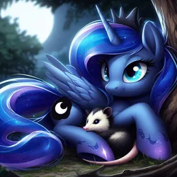 Size: 1024x1024 | Tagged: safe, ai content, derpibooru import, machine learning generated, princess luna, tiberius, alicorn, opossum, pony, blurry background, crown, duo, ethereal mane, female, full moon, g4, generator:dall-e 3, hoof shoes, image, jewelry, lying down, mare, moon, night, pet, png, prompter:tyto4tme4l, regalia, snuggling, starry mane, starry tail, tail, tree