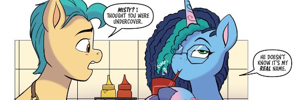 Size: 592x195 | Tagged: safe, artist:abby bulmer, derpibooru import, idw, official, hitch trailblazer, earth pony, pony, unicorn, g5, spoiler:comic, spoiler:g5comic, spoiler:g5comic19, female, happy, image, mare, misty brightdawn, official comic, open mouth, png, smiling