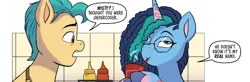Size: 592x195 | Tagged: safe, artist:abby bulmer, derpibooru import, idw, official, hitch trailblazer, earth pony, pony, unicorn, g5, spoiler:comic, spoiler:g5comic, spoiler:g5comic19, female, happy, image, mare, misty brightdawn, official comic, open mouth, png, smiling