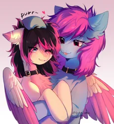 Size: 3640x3963 | Tagged: safe, artist:tyutya, derpibooru import, oc, oc:lunylin, oc:nohra, earth pony, pegasus, chest fluff, collar, colored belly, colored wings, couple, cute, ear fluff, hug, image, patting, png, smiling, text, wings