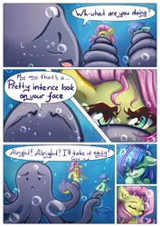 Size: 3508x4961 | Tagged: safe, artist:chaosangeldesu, derpibooru import, fluttershy, oc, oc:star breeze, octopus, pegasus, pony, seapony (g4), comic, commission, eyes closed, human shoulders, image, jpeg, ocean, stare, water