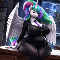 Size: 1024x1024 | Tagged: safe, ai content, derpibooru import, machine learning generated, stable diffusion, princess celestia, alicorn, anthro, alternate hairstyle, bedroom eyes, big breasts, breasts, business suit, busty princess celestia, chubby, clothes, curvy, derpibooru exclusive, female, g4, hourglass figure, huge breasts, image, necktie, office, png, prompter:professordoctorc, skirt, socks, stockings, thigh highs, wide hips