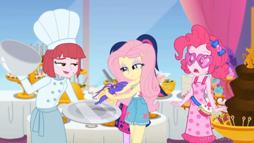 Size: 520x293 | Tagged: safe, derpibooru import, screencap, fluttershy, pinkie pie, puffed pastry, sci-twi, twilight sparkle, lobster, equestria girls, equestria girls series, i'm on a yacht, spoiler:eqg series (season 2), animated, cute, gif, image, shyabetes