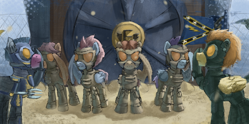 Size: 3000x1500 | Tagged: safe, artist:eugenekotss, derpibooru import, oc, unofficial characters only, pegasus, pony, fallout equestria, armor, enclave, enclave armor, flag, grand pegasus enclave, group, image, png, salute, weapon