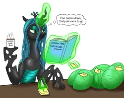 Size: 1280x1017 | Tagged: safe, artist:termyotter, derpibooru import, queen chrysalis, changeling, egg, image, jpeg, magic, quill, solo