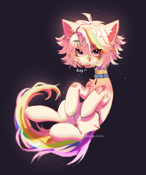 Size: 2534x3024 | Tagged: safe, artist:tyutya, derpibooru import, oc, unofficial characters only, earth pony, pony, :p, bandaid, chest fluff, collar, ear fluff, eye clipping through hair, image, leg fluff, male, patch, png, solo, sticker, tongue out