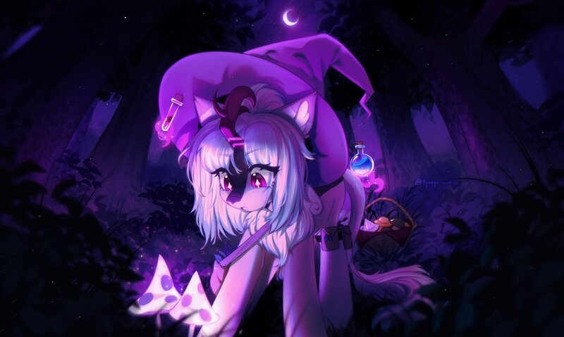 Size: 2048x1227 | Tagged: safe, artist:tyutya, derpibooru import, oc, kirin, pony, dark background, dark forest, female, forest, forest background, hat, image, jpeg, kirin oc, mare, moon, mushroom, potion, solo, tree