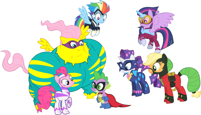 Size: 1555x896 | Tagged: safe, artist:pascalmulokozi2, derpibooru import, edit, edited screencap, screencap, applejack, fluttershy, pinkie pie, rainbow dash, rarity, spike, twilight sparkle, alicorn, dragon, earth pony, pegasus, pony, unicorn, power ponies (episode), season 4, g4, image, mane six, not a vector, png, pose, power ponies, simple background, smiling, together