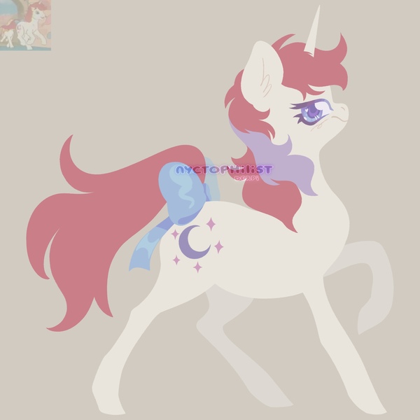 Size: 2048x2048 | Tagged: safe, artist:nyctophilist, derpibooru import, moondancer (g1), pony, unicorn, g1, my little pony 'n friends, rescue at midnight castle, blue ribbon, crescent moon, cutie mark, derpibooru exclusive, female, frown, full body, grumpy, image, jpeg, lineless, mare, moon, pastel, raised hoof, red mane, solo, solo female, white coat