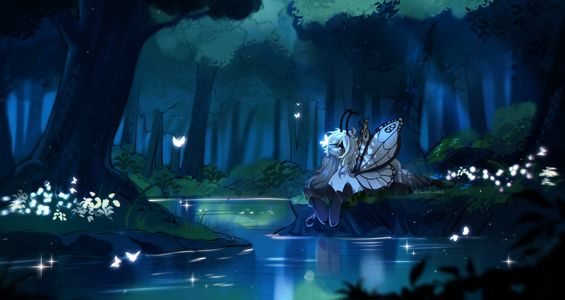 Size: 5000x2657 | Tagged: safe, derpibooru import, oc, unofficial characters only, butterfly, hybrid, insect, original species, pony, butterfly wings, female, forest, forest background, image, mare, png, solo, tree, water, wings