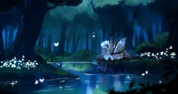 Size: 5000x2657 | Tagged: safe, derpibooru import, oc, unofficial characters only, butterfly, hybrid, insect, original species, pony, butterfly wings, female, forest, forest background, image, mare, png, solo, tree, water, wings