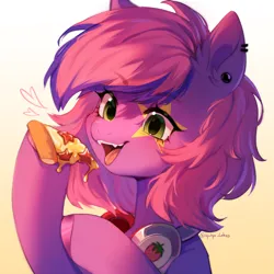 Size: 2937x2937 | Tagged: safe, artist:tyutya, derpibooru import, oc, earth pony, pony, ear piercing, earring, female, food, headphones, image, jewelry, mare, open mouth, piercing, pizza, png, solo, tongue out