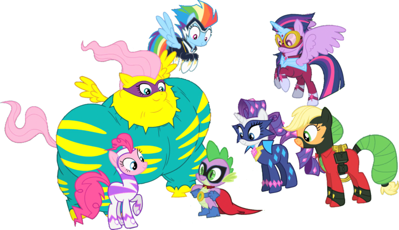 Size: 1555x896 | Tagged: safe, artist:pascalmulokozi2, derpibooru import, edit, edited screencap, screencap, applejack, fluttershy, pinkie pie, rainbow dash, rarity, spike, twilight sparkle, twilight sparkle (alicorn), alicorn, dragon, earth pony, pegasus, pony, unicorn, power ponies (episode), season 4, clothes, g4, hand on hip, image, mane six, not a vector, png, pose, power ponies, simple background, smiling, superhero, superhero costume, together, torn clothes