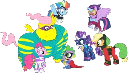 Size: 1555x896 | Tagged: safe, artist:pascalmulokozi2, derpibooru import, edit, edited screencap, screencap, applejack, fluttershy, pinkie pie, rainbow dash, rarity, spike, twilight sparkle, twilight sparkle (alicorn), alicorn, dragon, earth pony, pegasus, pony, unicorn, power ponies (episode), season 4, clothes, g4, hand on hip, image, mane six, not a vector, png, pose, power ponies, simple background, smiling, superhero, superhero costume, together, torn clothes