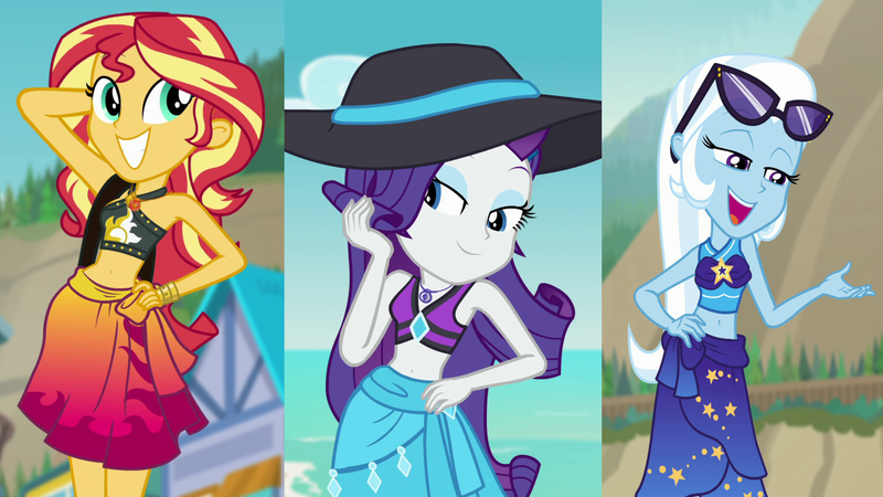 Size: 3416x1920 | Tagged: safe, derpibooru import, screencap, rarity, sunset shimmer, trixie, equestria girls, equestria girls series, forgotten friendship, adorasexy, arm behind head, bag, beach, beach babe, belly button, bikini, bikini babe, bikini top, bowtie, clothes, comparison, cropped, cute, diatrixes, female, g4, geode of empathy, geode of shielding, hand on hip, happy, hat, image, magical geodes, midriff, png, pose, raribetes, sarong, sexy, shimmerbetes, shoulder bag, skirt, smiling, stomach, stupid sexy rarity, stupid sexy sunset shimmer, stupid sexy trixie, sultry pose, sun hat, sunglasses, sunset selfie, swimsuit, trio, trio female