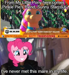 Size: 500x545 | Tagged: safe, derpibooru import, pinkie pie, sunny starscout, g5, abc, g4, holiday, i've never met this man in my life, image, loki, marvel, marvel cinematic universe, meme, parade, parade balloon, png, ram (company), thanksgiving, thor