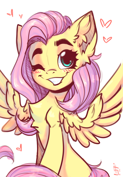 Size: 1430x2048 | Tagged: safe, alternate version, artist:falafeljake, derpibooru import, fluttershy, pegasus, pony, blushing, chest fluff, cute, ear fluff, eyebrows, female, g4, grin, heart, image, looking at you, mare, one eye closed, png, shyabetes, signature, simple background, sitting, smiling, smiling at you, solo, spread wings, white background, wings, wink, winking at you