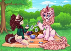 Size: 3500x2500 | Tagged: safe, artist:falafeljake, derpibooru import, oc, oc:isadora inkwell, oc:tinder blossom, earth pony, kirin, pony, apple, basket, bush, clothes, cloven hooves, cup, duo, duo female, ear fluff, earth pony oc, eyebrows, female, flower, food, glasses, grapes, grass, high res, hoodie, horn, image, jpeg, kirin oc, looking at each other, looking at someone, mare, open mouth, open smile, outdoors, picnic, picnic basket, picnic blanket, plate, sitting, smiling, smiling at each other, tail, teacup, tree, unshorn fetlocks