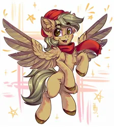 Size: 1700x1900 | Tagged: safe, artist:falafeljake, derpibooru import, oc, unofficial characters only, pegasus, pony, chest fluff, clothes, ear fluff, eyebrows, eyebrows visible through hair, flying, hat, image, jpeg, looking at you, open mouth, open smile, pegasus oc, scarf, smiling, smiling at you, solo, spread wings, unshorn fetlocks, wings