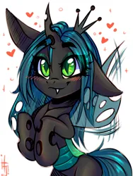 Size: 1200x1600 | Tagged: safe, artist:falafeljake, derpibooru import, queen chrysalis, changeling, changeling queen, blushing, buzzing wings, cute, cutealis, fangs, female, g4, heart, horn, image, png, signature, simple background, slit pupils, solo, white background, wings