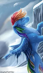 Size: 1506x2544 | Tagged: safe, ai content, derpibooru import, edit, editor:emptyplotfiller, machine learning assisted, machine learning generated, stable diffusion, rainbow dash, pegasus, fanfic:crossing the trixie bridge:a new life in the crystal empire, broken wing, cloud, crystal empire, g4, ice, image, png, wings