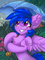 Size: 1200x1600 | Tagged: safe, artist:falafeljake, derpibooru import, oc, unofficial characters only, pegasus, pony, blushing, chest fluff, commission, cute, ear fluff, eye clipping through hair, eyebrows, eyebrows visible through hair, flower, grin, image, ocbetes, outdoors, pegasus oc, png, rain, signature, smiling, solo, spread wings, umbrella, wings, ych result