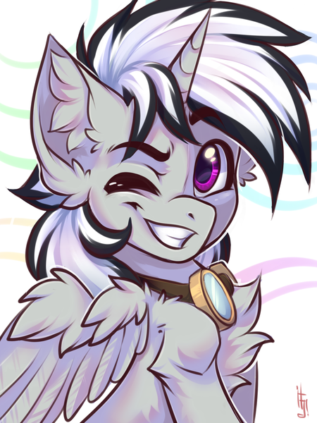 Size: 1200x1600 | Tagged: safe, artist:falafeljake, derpibooru import, oc, oc:dark tempest, unofficial characters only, alicorn, pony, alicorn oc, chest fluff, commission, ear fluff, eyebrows, eyebrows visible through hair, grin, horn, image, looking at you, male, one eye closed, png, signature, smiling, smiling at you, solo, spread wings, stallion, wings, wink, winking at you, ych result