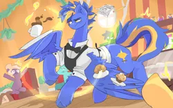 Size: 3209x2000 | Tagged: safe, artist:madiwann, derpibooru import, oc, oc:shining trophy, unofficial characters only, pegasus, pony, pony town, bakery, bowtie, cafe, complex background, female, flying, food, image, jpeg, male, mare, muffin, raised hoof, restaurant, stallion, waitress