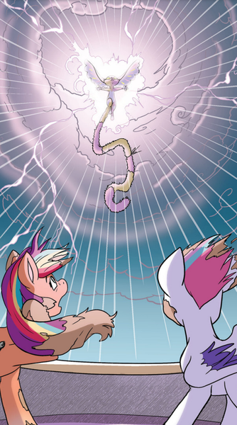 Size: 484x870 | Tagged: safe, derpibooru import, idw, sunny starscout, zipp storm, earth pony, nymph, pegasus, pony, g5, spoiler:comic, spoiler:g5, dramatic, image, lightning, magic, milkyway, png, rain, shocked