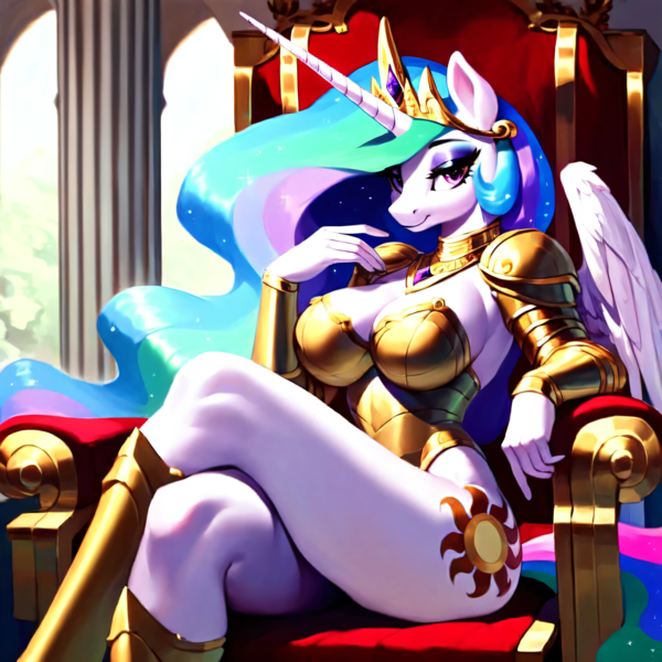 Size: 4096x4096 | Tagged: suggestive, ai content, derpibooru import, machine learning generated, stable diffusion, princess celestia, anthro, absurd resolution, armor, armored pony, bedroom eyes, big breasts, boots, breasts, busty princess celestia, cleavage, clothes, collar, curvy, eyeshadow, fantasy class, female, g4, generator:pony diffusion v5, generator:purplesmart.ai, gold, image, jewelry, lidded eyes, looking at you, makeup, mascara, png, prompter:paajbach, regalia, royalty, shiny, shoes, solo, solo female, throne, unconvincing armor