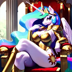 Size: 4096x4096 | Tagged: suggestive, ai content, derpibooru import, machine learning generated, stable diffusion, princess celestia, anthro, absurd resolution, armor, armored pony, bedroom eyes, big breasts, boots, breasts, busty princess celestia, cleavage, clothes, collar, curvy, eyeshadow, fantasy class, female, g4, generator:pony diffusion v5, generator:purplesmart.ai, gold, image, jewelry, lidded eyes, looking at you, makeup, mascara, png, prompter:paajbach, regalia, royalty, shiny, shoes, solo, solo female, throne, unconvincing armor