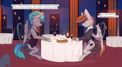Size: 3600x2000 | Tagged: safe, artist:chapaevv, derpibooru import, oc, oc:blackburn, oc:lockwood, comic:royal anniversary, alcohol, bottle, burger, duo, eating, food, glass, image, jewelry, married couple, png, restaurant, ring, sitting, speech bubble, text, wine, wine bottle, wine glass, wings