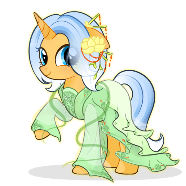 Size: 2048x2048 | Tagged: safe, artist:miwq, derpibooru import, oc, oc:aurore soleilevant, unofficial characters only, pony, unicorn, derpibooru community collaboration, 2024 community collab, china, clothes, hanfu, image, looking at you, orange coat, png, robe, simple background, smiling, solo, transparent background