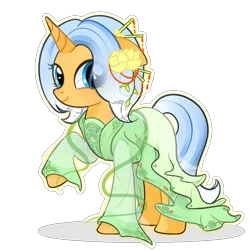 Size: 2048x2048 | Tagged: safe, artist:miwq, derpibooru import, oc, oc:aurore soleilevant, unofficial characters only, pony, unicorn, derpibooru community collaboration, 2024 community collab, china, clothes, hanfu, image, looking at you, orange coat, png, robe, simple background, smiling, solo, transparent background