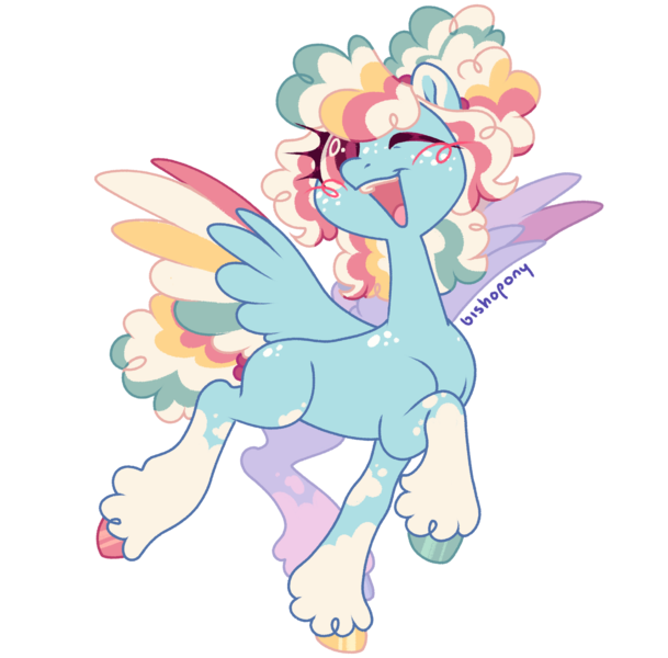 Size: 1920x1893 | Tagged: safe, artist:bishopony, derpibooru import, oc, oc:lolli, unofficial characters only, pegasus, pony, blush scribble, blushing, coat markings, colored wings, female, hooves, image, mare, multicolored hooves, multicolored wings, one eye closed, open mouth, open smile, png, poofy mane, signature, simple background, smiling, socks (coat marking), solo, spread wings, transparent background, unshorn fetlocks, wings