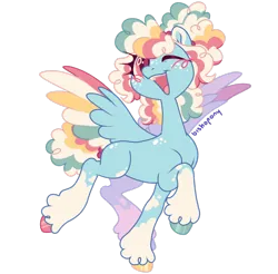 Size: 1920x1893 | Tagged: safe, artist:bishopony, derpibooru import, oc, oc:lolli, unofficial characters only, pegasus, pony, blush scribble, blushing, coat markings, colored wings, female, hooves, image, mare, multicolored hooves, multicolored wings, one eye closed, open mouth, open smile, png, poofy mane, signature, simple background, smiling, socks (coat marking), solo, spread wings, transparent background, unshorn fetlocks, wings