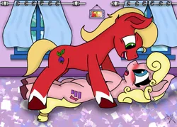 Size: 1003x720 | Tagged: safe, derpibooru import, phyllis cloverleaf, sprout cloverleaf, earth pony, pony, g5, alternate hairstyle, blushing, duo, duo male and female, female, image, incest, looking at each other, looking at someone, male, mother and child, mother and son, phyllisprout, png, shipping, straight, unshorn fetlocks, younger